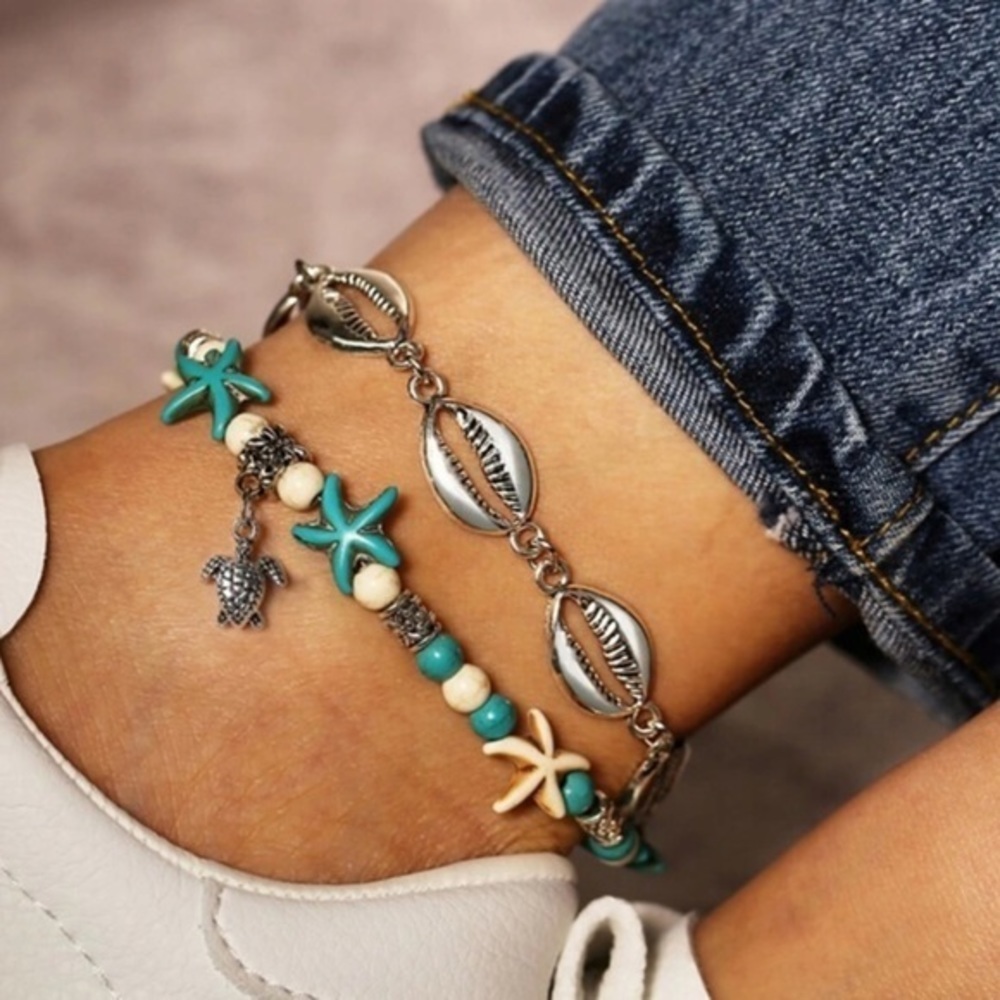3/$30 Sea Turtle Starfish Puka Shell Double Chain Bracelet Anklet